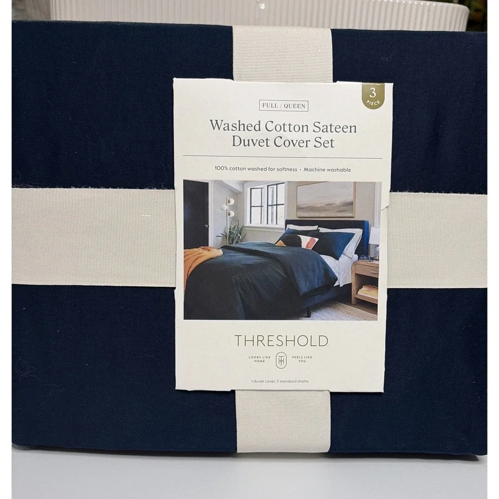 Threshold Washed Cotton Sateen Duvet Cover w/Sham Set in Dark Navy - Full/Queen